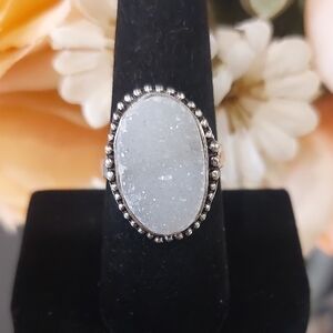 Snow Quartz Druzy 925 Silver Oval Ring - 8 1/4